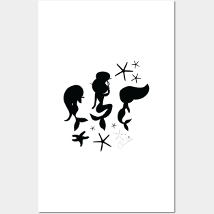 Black White Mermaid Stars Seamless Pattern Print Design Posters and Art